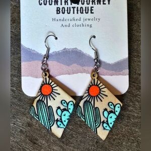 NWT Green Cactus Design Wooden Earrings